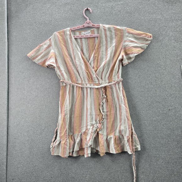 LC Lauren Conrad Dresses & Skirts - LC Lauren Conrad Women Dress XL Pink Linen Rayon Striped Ruffle Wrap Belted